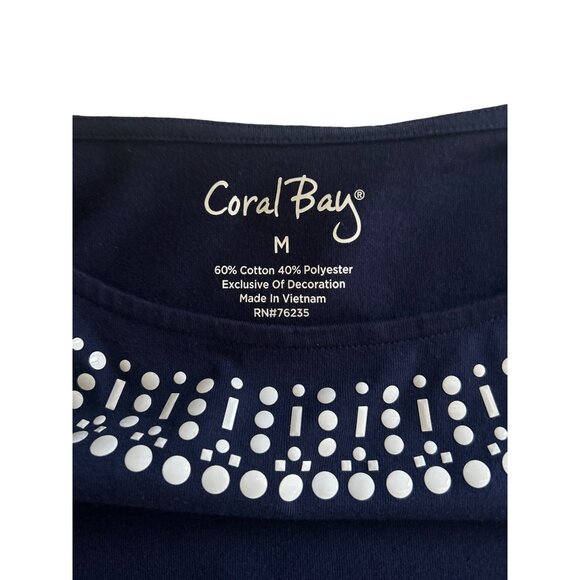 Coral Bay Women's Navy Blue 3/4 Sleeve Top With Dotted White Neckline Size M - Picture 4 of 8